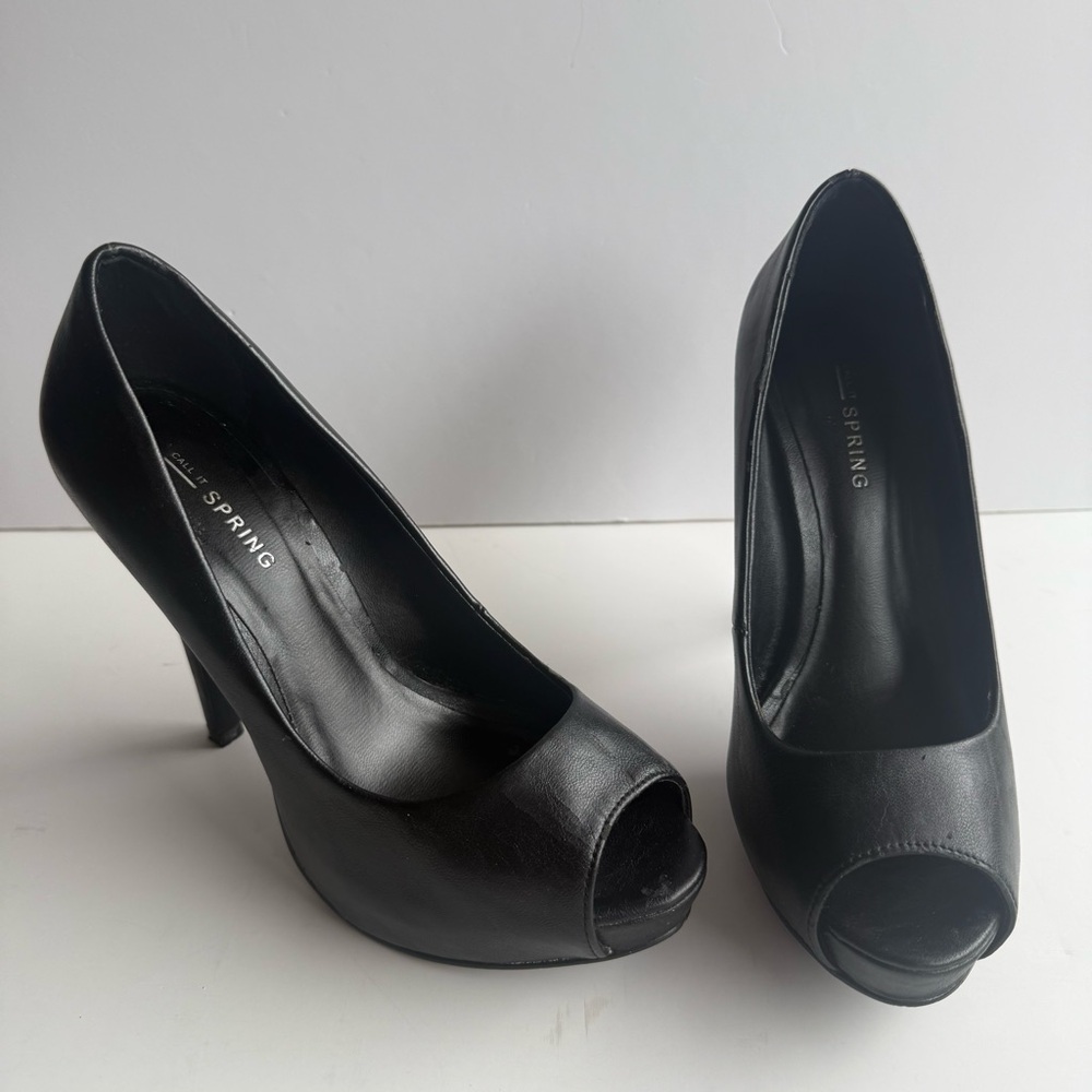 Call It Spring High 5" Heels Open Toed Black Shoes Faux Leather Size Women US 8